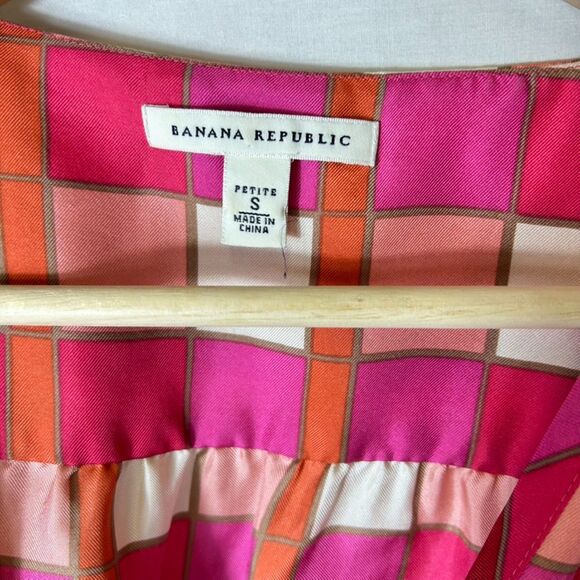 Banana Republic Pink Orange Ivory Check Print Silk SS Wrap Blouse Size S Petite - Picture 6 of 15